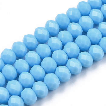 Opaque Solid Color Glass Beads Strands, Faceted, Rondelle, Deep Sky Blue, 6x5mm, Hole: 1mm, about 85~88pcs/strand, 16.1~16.5 inch(41~42cm)
