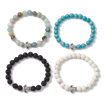 4Pcs 4 Styles Gemstone Beaded Stretch Bracelets, with Antique Silver Alloy Tortoise , Inner Diameter: 1-7/8 inch(4.85cm), 1pc/style