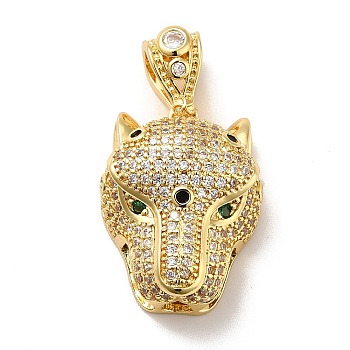 Brass Cubic Zirconia Pendants, Cheetah Charm, Real 18K Gold Plated, Clear, 30.5x17x9mm, Hole: 4x7.5mm
