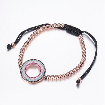 Adjustable Brass Braided Beaded Bracelets, with Nylon Cord and Micro Pave Cubic Zirconia Links, Cadmium Free & Lead Free, Ring, Real Rose Gold Plated, 2-1/8 inch~3-3/4 inch(53~95mm)