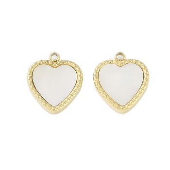 Natural Shell Charms, Ion Plating(IP) 304 Stainless Steel Heart Charms, Manual Polishing, Real 18K Gold Plated, 14x12x2.5mm, Hole: 1.5mm