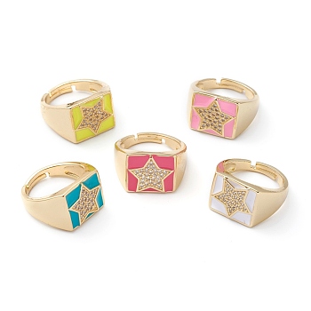 Adjustable Brass Micro Pave Clear Cubic Zirconia Finger Rings, with Enamel, Rectangle with Star, Real 18K Gold Plated, Mixed Color, US Size 7 1/4(17.5mm)