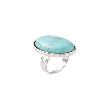 Gemstone Rings, Synthetic Turquoise, with Platinum Brass Findings, Oval, Adjustable, Sky Blue, 18mm