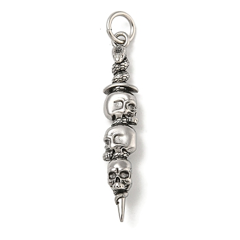 316 Surgical Stainless Steel Big Pendants, with Jump Ring, Sword with Skull Charm, Antique Silver, 56x9.5x10mm, Hole: 7mm