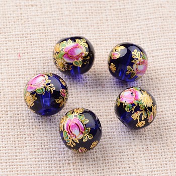 Flower Picture Printed Glass Round Beads, Dark Blue, 10mm, Hole: 1mm