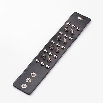 Punk Rock Style Cowhide Leather Rivet Bracelets, with Alloy & Iron Findings, Black, 230x41x2mm(9 inchx1-5/8 inch)