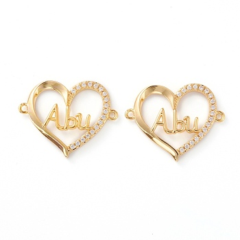 Brass Micro Pave Clear Cubic Zirconia Links, Long-Lasting Plated, Heart with Word Abu, Real 18K Gold Plated, 19x23x3mm, Hole: 1.2mm