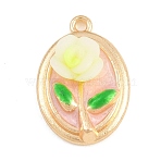 Alloy Enamel Pendants, Oval with Flower Charms, with Polymer Clay, Golden, Pink, 21.5x15x7.5mm, Hole: 1.6mm(AL-CBAD5CF-02G-C)