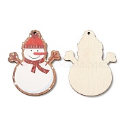 Single Face Christmas Printed Wood Big Pendants, Snowman Charms, Red, 55x43x2.5mm, Hole: 2mm(WOOD-D025-38)