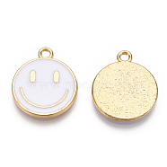Light Gold Tone Alloy Enamel Pendants, Flat Round with Smiling Face Charms, White, 19x16x1.5mm, Hole: 1.8mm(ENAM-N056-197C)