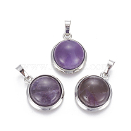 Natural Amethyst Pendants, with Brass Findings, Half Round, Platinum, 23~24x19~20x8~10mm, Hole: 8x5mm(G-L512-B03)