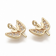 Brass Micro Pave Clear Cubic Zirconia Charms, Nickel Free, Real 18K Gold Plated, Leaf, 11x9.5x2.5mm, Hole: 1mm(ZIRC-T011-27G-NF)