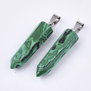 Synthetic Malachite Point Pendants, with Platinum Tone Brass Findings, Bullet, 35~37x10~11x9~10mm, Hole: 6~7x2.5~4mm(G-R220-34L)