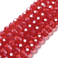 Electroplate Transparent Glass Beads Strands, Faceted(32 Facets), Round, Pearl Luster Plated, FireBrick, 8mm, Hole: 1mm, about 66~69pcs/strand, 19.29~19.57 inch(49~49.7cm)(EGLA-A035-T8mm-A01)