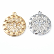 Brass Micro Pave Clear Cubic Zirconia Pendants, Long-Lasting Plated, Flat Round with Angel, Mixed Color, 22.5x19.5x2mm, Hole: 1.5mm(KK-B030-04)