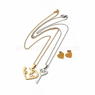 Heart & Skeleton Key Couple Pendant Necklaces & Stud Earrings, Vacuum Plating 304 Stainless Steel Word Love Jewelry Set for Valentine's Day, Golden & Stainless Steel Color, 450mm, 10x12mm, Pin: 0.8mm(SJEW-E045-06GP)