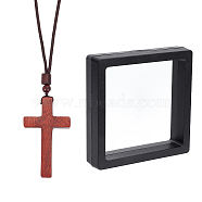 Wooden Cross Pendant Necklace with Polyester Cords, with Square Transparent PE Thin Film Suspension Jewelry Display Box, Sienna, 27.56 inch(70cm), 1pc(NJEW-NB0001-17)