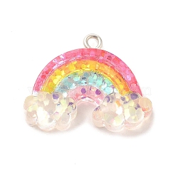 Transparent Resin Pendants, Glitter Rainbow Charms, with Platinum Tone Iron Loops, Colorful, 21x26x6mm, Hole: 2mm(X-CRES-B012-01)