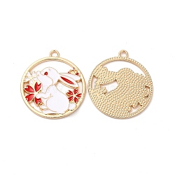 Alloy Enamel Pendants, Cadmium Free & Nickel Free & Lead Free, Flat Round with Rabbit & Sakura Charm, Golden, Red, 30x27x1.5mm, Hole: 2mm(ENAM-C005-03G-01)