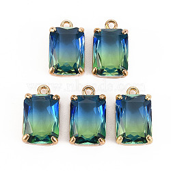 Gradient Color Glass Pendants, with Brass Prong Settings, Faceted, Rectangle, Light Gold, Light Green, 17x10x5.5mm, Hole: 1.6mm(X-GLAA-S193-008-A07)