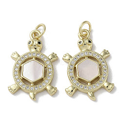 Brass Micro Pave Cubic Zirconia Pendants, Natural Shell Tortoise Charms with Jump Ring, Real 18K Gold Plated, 23x15x3mm, Hole: 3mm(KK-G485-28G-01)