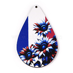 French Theme Printed Wood Pendants, Teardrop with Flower, Colorful, 55.5x35x2.5mm, Hole: 1.6mm(WOOD-N016-10)