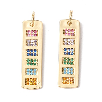 Brass Micro Pave Colorful Cubic Zirconia Pendants,  Cadmium Free & Lead Free, Rectangle, Real 18K Gold Plated, 29x8.5x1.5mm, Hole: 4.4mm