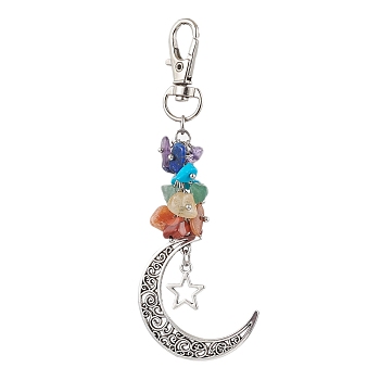Natural & Synthetic Mixed Gemstone Chip Pendant Decorations, with Alloy Pendants and Swivel Clasps, Moon, Star, 113mm