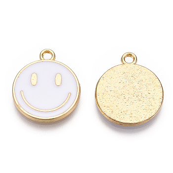 Light Gold Tone Alloy Enamel Pendants, Flat Round with Smiling Face Charms, White, 19x16x1.5mm, Hole: 1.8mm