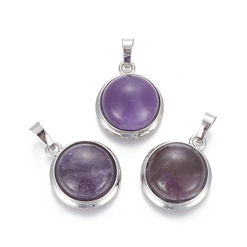 Natural Amethyst Pendants, with Brass Findings, Half Round, Platinum, 23~24x19~20x8~10mm, Hole: 8x5mm