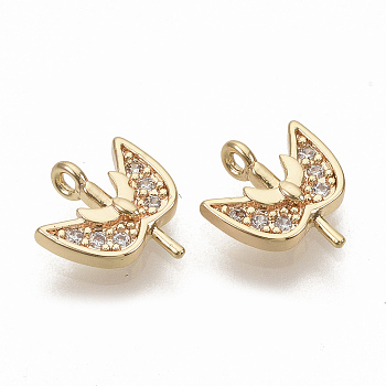Brass Micro Pave Clear Cubic Zirconia Charms, Nickel Free, Real 18K Gold Plated, Leaf, 11x9.5x2.5mm, Hole: 1mm