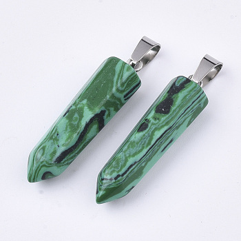 Synthetic Malachite Point Pendants, with Platinum Tone Brass Findings, Bullet, 35~37x10~11x9~10mm, Hole: 6~7x2.5~4mm