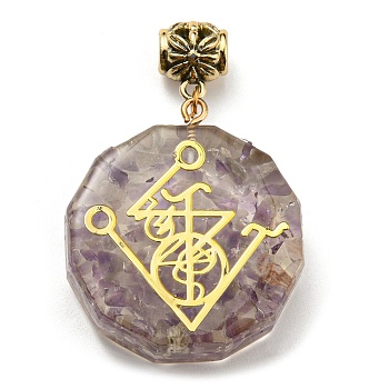Natural Amethyst European Dangle Polygon Charms, Large Hole Pendant with Golden Plated Alloy Chakra Slice, 53mm, Hole: 5mm, Pendant: 39x35x11mm