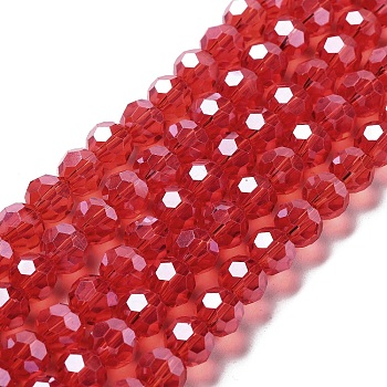 Electroplate Transparent Glass Beads Strands, Faceted, Round, Pearl Luster Plated, FireBrick, 8mm, Hole: 1mm, about 66~69pcs/strand, 19.29~19.57 inch(49~49.7cm)