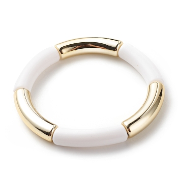 Acrylic Curved Tube Beaded Stretch Bracelet for Women, White, Inner Diameter: 2-1/8 inch(5.3cm)