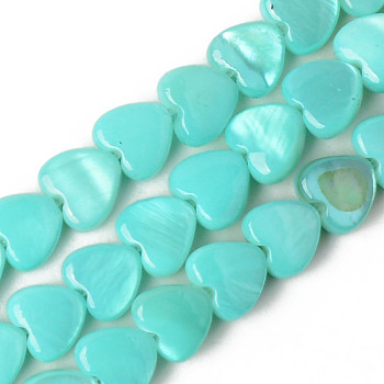 Spray Painted Natural Freshwater Shell Beads Strands, Heart, Turquoise, 5x6x3mm, Hole: 0.5mm, about 72~74pcs/strand, 14.84 inch~15.27 inch(37.7~38.8cm)