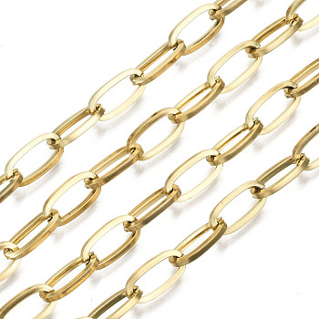 304 Stainless Steel Paperclip Chains, Drawn Elongated Cable Chains, with Spool, Unwelded, Oval, Real 18K Gold Plated, Link: 12x6x1.2mm, about 32.8 Feet(10m)/roll
