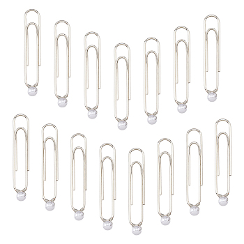 Planner Charms, Iron Long Paper Clips, with ABS Plastic Imitation Pearl Beads, Platinum, 55~56mm