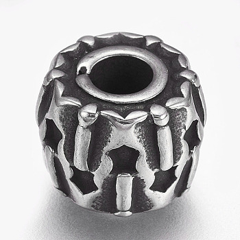 304 Stainless Steel European Beads, Large Hole Beads, Barrel, Antique Silver, 12x9.5x8mm, Hole: 4.5mm