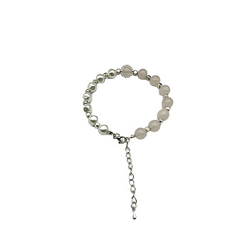 Natural Rose Quartz Round Beaded Bracelet, Platinum, 7-1/8~9-1/8 inch(18~23cm)