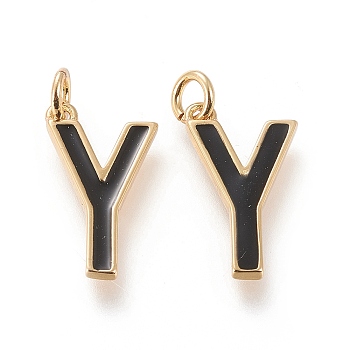 Brass Enamel Pendants, with Jump Ring, Long-Lasting Plated, Real 18K Gold Plated, Letter.Y, Black, Letter.Y, Y: 18x10.5x1.8mm, Jump Rings: Inner Diameter: 3mm