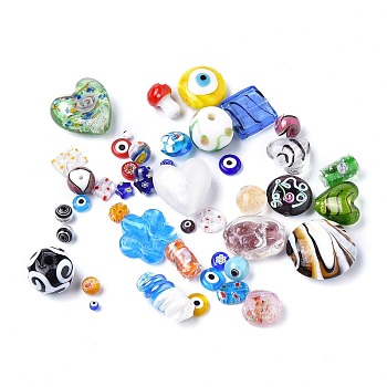 Handmade Evil Eye/Gold Sand Lampwork Beads, Mixed Shapes, Mixed Color, 4~28x4~29x3.5~20mm, Hole: 0.8~4mm