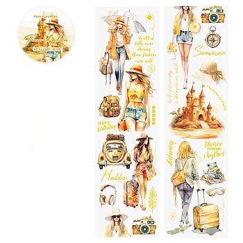 Travel Theme Waterproof PET Stickers Set, Decorative Stickers, for Water Bottles, Laptop, Luggage, Cup, Computer, Mobile Phone, Skateboard, Guitar Stickers, Yellow, 58.5mm