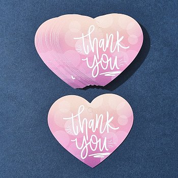 Coated Paper Thank You Greeting Card, Heart with Word Thank You Pattern, for Thanksgiving Day, Hot Pink, 60x70x0.3mm, Hole: 4mm, 30pcs/bag