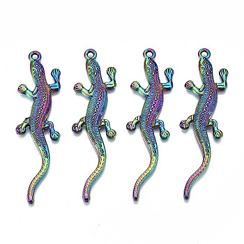 Rainbow Color Alloy Big Pendants, Cadmium Free & Lead Free, Gecko Shape, 54x15x2mm, Hole: 1.8mm