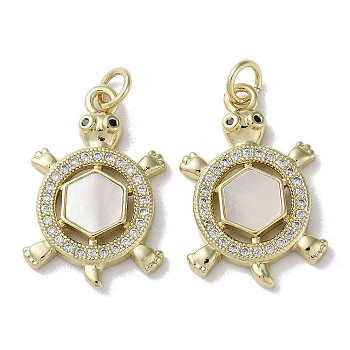 Brass Micro Pave Cubic Zirconia Pendants, Natural Shell Tortoise Charms with Jump Ring, Real 18K Gold Plated, 23x15x3mm, Hole: 3mm