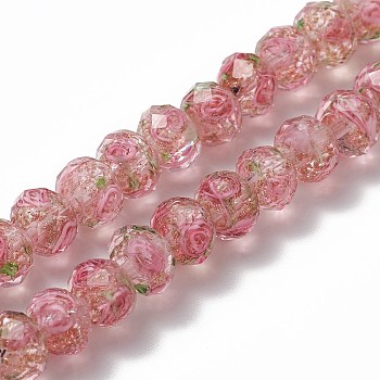 Handmade Gold Sand Lampwork Beads Strands, Inner Flower, Faceted Rondelle, Pink, 9~10x7~8mm, Hole: 1.5~2mm, about 60pcs/strand, 17.3 inch