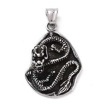304 Stainless Steel Pendants, Dragon, Antique Silver, 40.5x29x13.5mm, Hole: 8x5mm