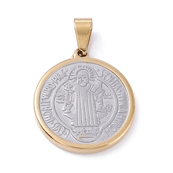 Vacuum Plating 304 Stainless Steel Pendants, Flat Round with Saint Benedict Medal, Golden & Stainless Steel Color, 24.5x22x2.5mm, Hole: 7.5x3.5mm