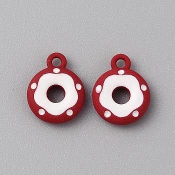 Frosted Painted Colored Alloy Pendants, Doughnut, Dark Red, 12.5x10x3mm, Hole: 1.5mm